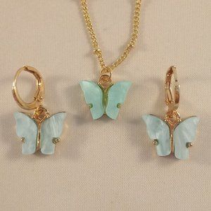 Gold Plated Blue Opal Resin Butterfly Earrings Pendant Necklace Set 18" Gift